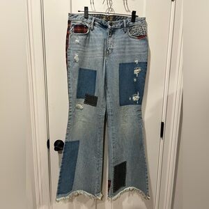 We The Free Blue Patchwork Flare Jeans